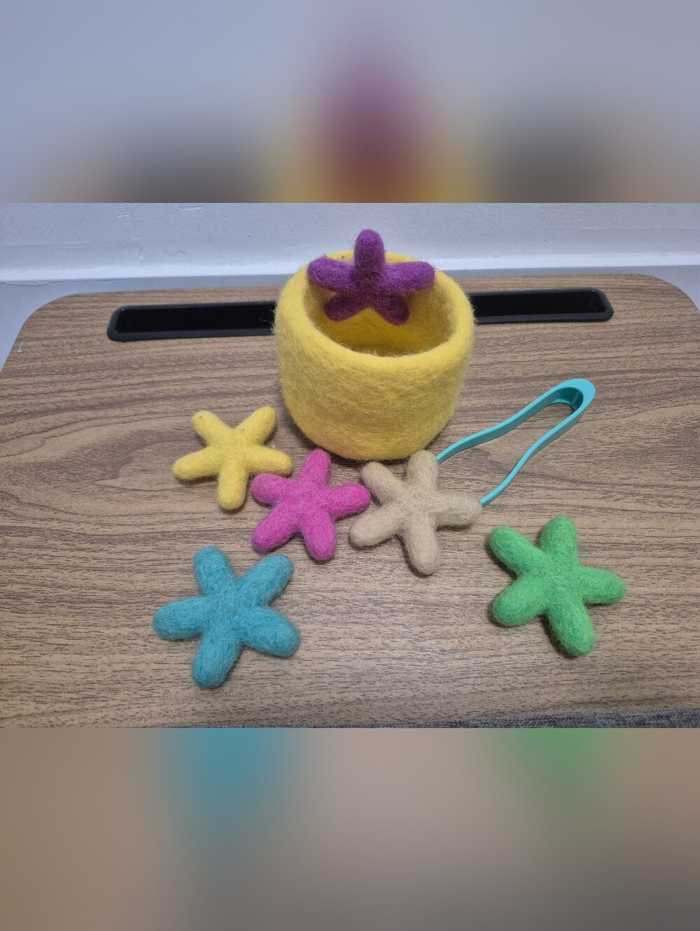 Lovevery Felt Multicolor Star Shapes & Yellow Basket With Tongs